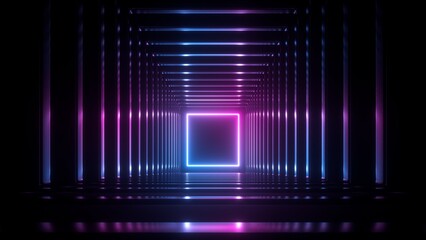 Naklejka premium 3d render, abstract background with square neon shape inside the square box, simple virtual tunnel