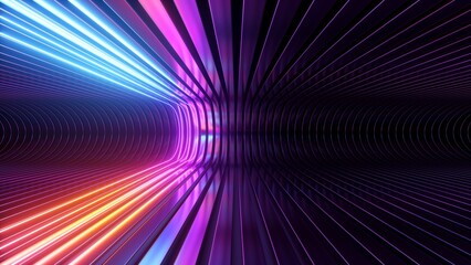 3d render. Abstract futuristic neon background. Rounded red blue lines, glowing against a backdrop of metal strips. Ultraviolet spectrum. Cyber space