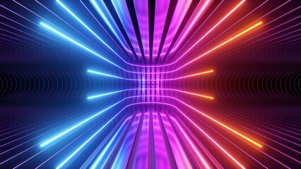 3d render. Abstract colorful neon background. Rounded lines, glowing with red pink blue light, backdrop of metal strips. Ultraviolet spectrum. Cyber space - 740315616
