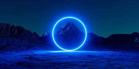 3d render. Abstract background. Blue neon ring glowing over the futuristic landscape. Rocky mountain under the night sky. Fantastic extraterrestrial scenery with electric round portal - obrazy, fototapety, plakaty