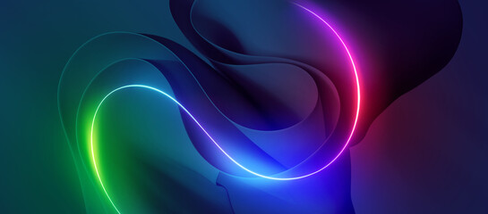 3d render. Abstract background of curvy line glowing in the dark and folded paper. Fluorescent neon wallpaper
