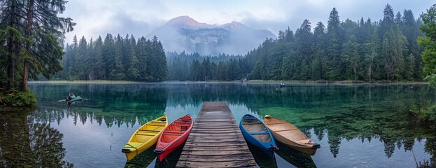 Colorful canoes rest on calm lake, misty forest backdrop and mountain beyond - Powered by Adobe