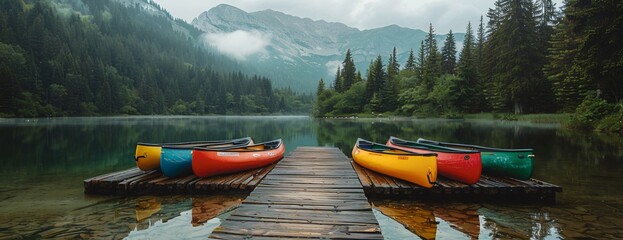 Row of colorful canoes on jetty, erene mountain lake, fog shrouded forest background - obrazy, fototapety, plakaty