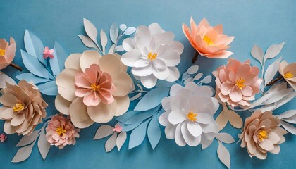 Paper flowers on blue background.
