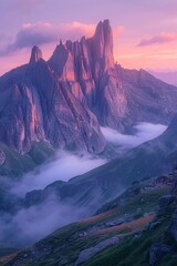 Jagged mountain peaks bathed in soft pink light, valleys shrouded in morning mist - obrazy, fototapety, plakaty