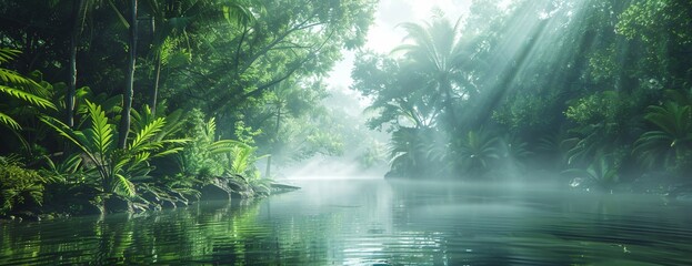 Lush jungle rays of light piercing through foliage onto calm, misty waterway