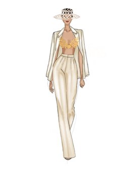 mujer de traje blanco hueso brillante con top color oro 