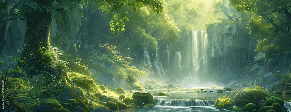 Canvas Prints serene waterfall in sunlit enchanted forest, rays of light creating tranquil and mystical atmosphere
