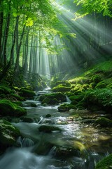 Forest creek at dawn, sunbeams spotlighting smooth rocks and flowing water, lush green vegetation - obrazy, fototapety, plakaty