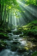 Tuinposter Forest creek at dawn, sunbeams spotlighting smooth rocks and flowing water, lush green vegetation © HY