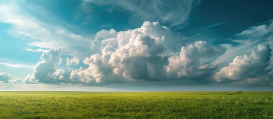 Beautiful clouds hover over a lush green field.