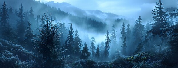 Dense forest shrouded in mist, tall fir trees creating serene and mysterious atmosphere