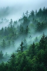 Mist weaves through coniferous forest, sunlight streaming through fog, highlighting greenery and peaceful setting
