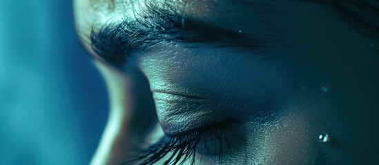 closed eyelid closeup with a teardrop on eyelashes