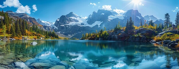 Vibrant alpine scenery clear lake reflecting sky, flanked by lush greenery and towering, rugged mountains