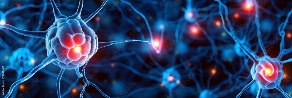 Poster intricate network of neurons and brain cells forming a neural network on dark abstract background