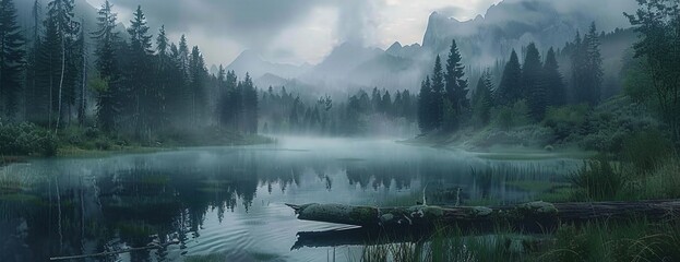 Mystical foggy pond in dense forest, fallen log in water and mountains barely visible - Powered by Adobe