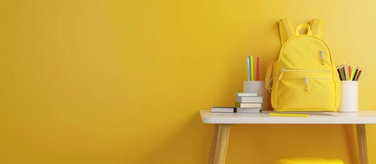 School desk with school accessory and yellow backpack