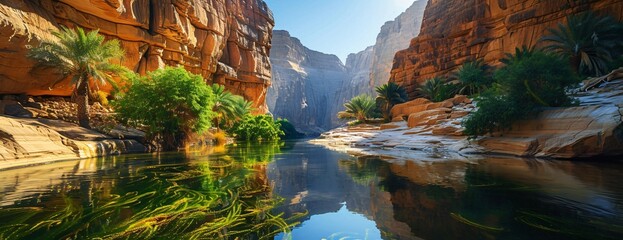 Boats on serene river in deep canyon, cliffs rising on either side amidst green foliage