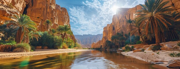 River winding through desert canyon lush palm trees and imposing sandstone cliffs under blue sky