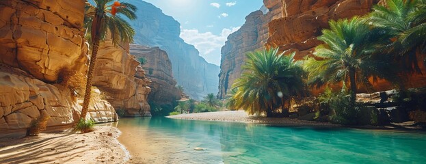 Tranquil river flowing through desert oasis palm trees against sandstone cliffs and clear blue skies