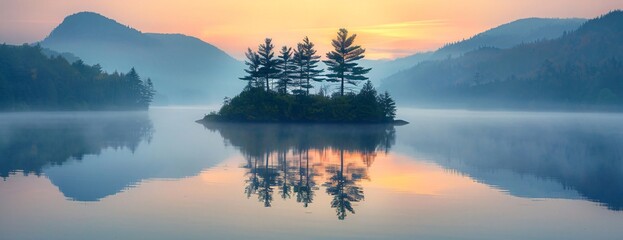 Dawn breaks over misty alpine lake small island of conifers reflecting on calm waters