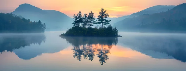 Stickers pour porte Réflexion Dawn breaks over misty alpine lake small island of conifers reflecting on calm waters