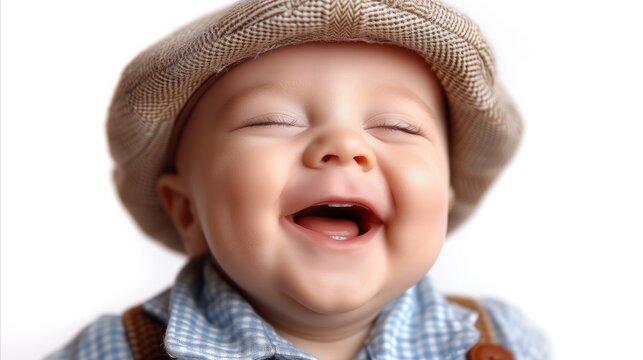Joyful baby boy laughing wearing a cute flat cap on white background