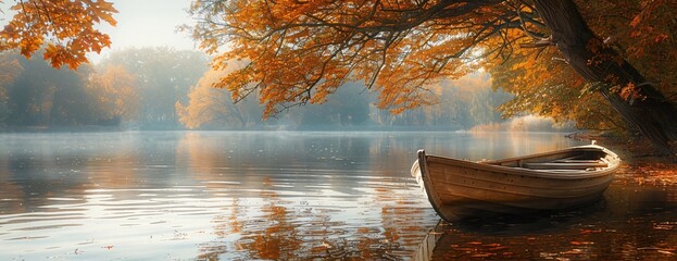 Quiet river scene rowboat under orange autumn leaves, mist rising off water at dawn