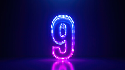3d render, abstract number nine glowing in the dark with pink blue neon light. Digital symbol 9 - obrazy, fototapety, plakaty