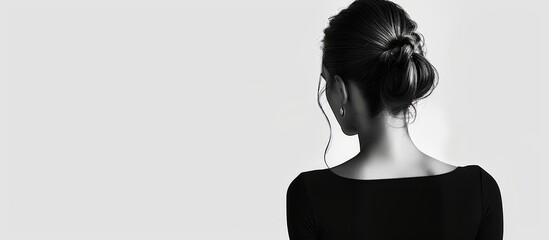 A black and white photo featuring the back of a woman with black hair wearing headphones, showcasing her jawline and neck