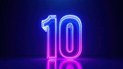 3d render, abstract number ten glowing in the dark with pink blue neon light. Digital symbol 10