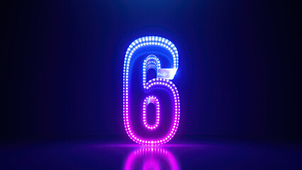 3d render, abstract number six glowing in the dark with pink blue neon light. Digital symbol 6