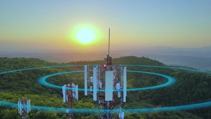 Engineer working on telecommunication tower using his tablet. Radiation waves from antennas. 3D graphic at sunset - obrazy, fototapety, plakaty