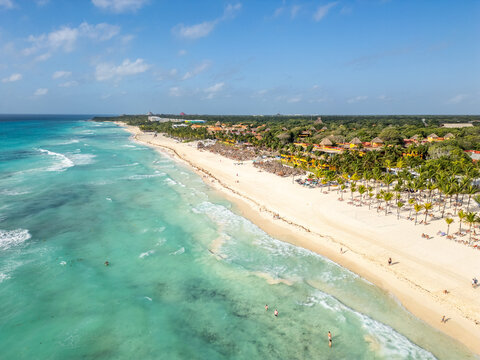 Mexico - Playa del Carmen - Amazing white sandy beach with luxury hotels from aerial view
