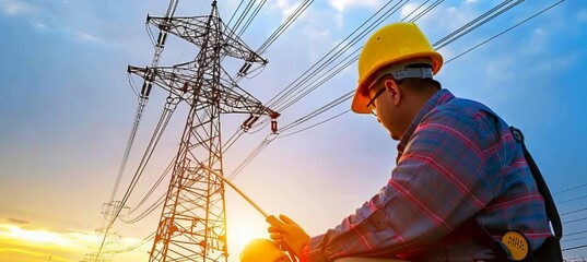 Skilled technician working on maintenance of power lines on tall high voltage transmission tower