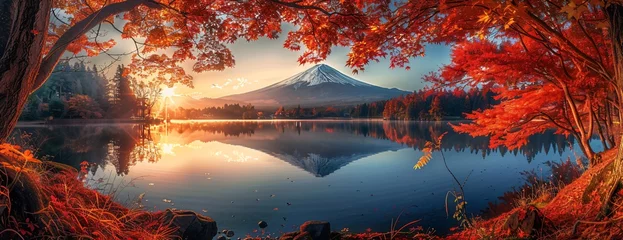 Printed roller blinds Reflection Autumn scene mountain reflected in lake, sun shining through colorful foliage