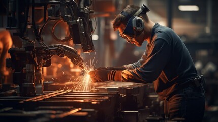 Man Working on a Piece of Metal in a Factory - obrazy, fototapety, plakaty