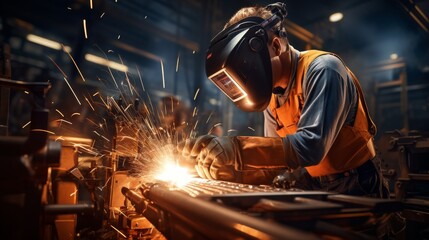 Man Working on a Piece of Metal in a Factory - obrazy, fototapety, plakaty