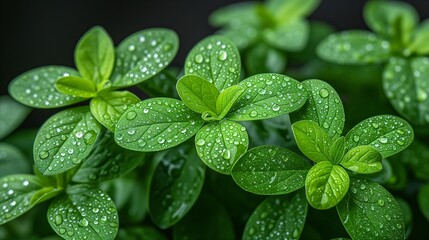 Lush green leaves with water droplets close-up for freshness concept