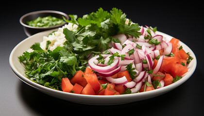 Fresh vegetable salad with tomato, onion, and parsley on plate generated by AI