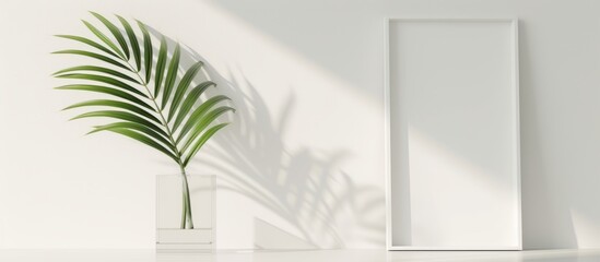 Minimalist interior decor with a green plant in a glass vase by a blank white wall