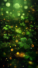 Happy St. Paddy's Day. St. Patrick's day banner with gold coins, glitter and shamrock clover leaves. Vertical banner, smartphone or instagram story background