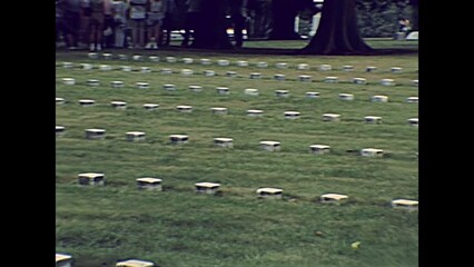Gettysburg, Pennsylvania, United States - in 1980: The historical Gettysburg national military park cemetery of USA in 80s archival. Soldiers National Monument and evergreen field of war graves. - Powered by Adobe