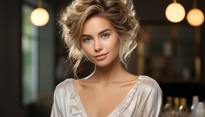 Beautiful woman with blond curly hair looking confidently at camera generated by AI