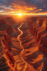 Radiant sunset over grand canyon, sinuous river carving through red rock formations, under dramatic cloud-streaked sky