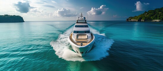 A motor boat, identified as a luxury yacht, is smoothly traveling through vibrant tropical waters, creating a distinctive bow wave.