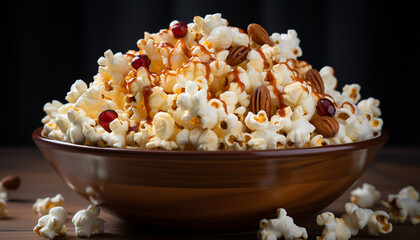 A sweet, fluffy caramel corn snack for movie indulgence generated by AI