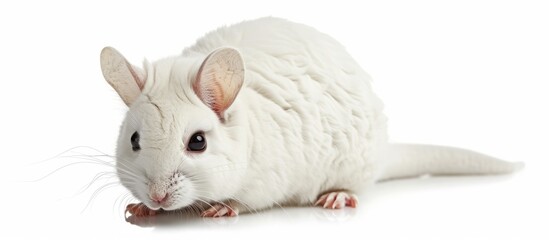A white chinchilla, a terrestrial rodent in the Muroidea family, stands with its whiskers twitching and ears perked in front of a blank white background