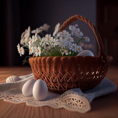 generative ai, White Easter eggs and white flowers in wicker basket isolated on dark beckground